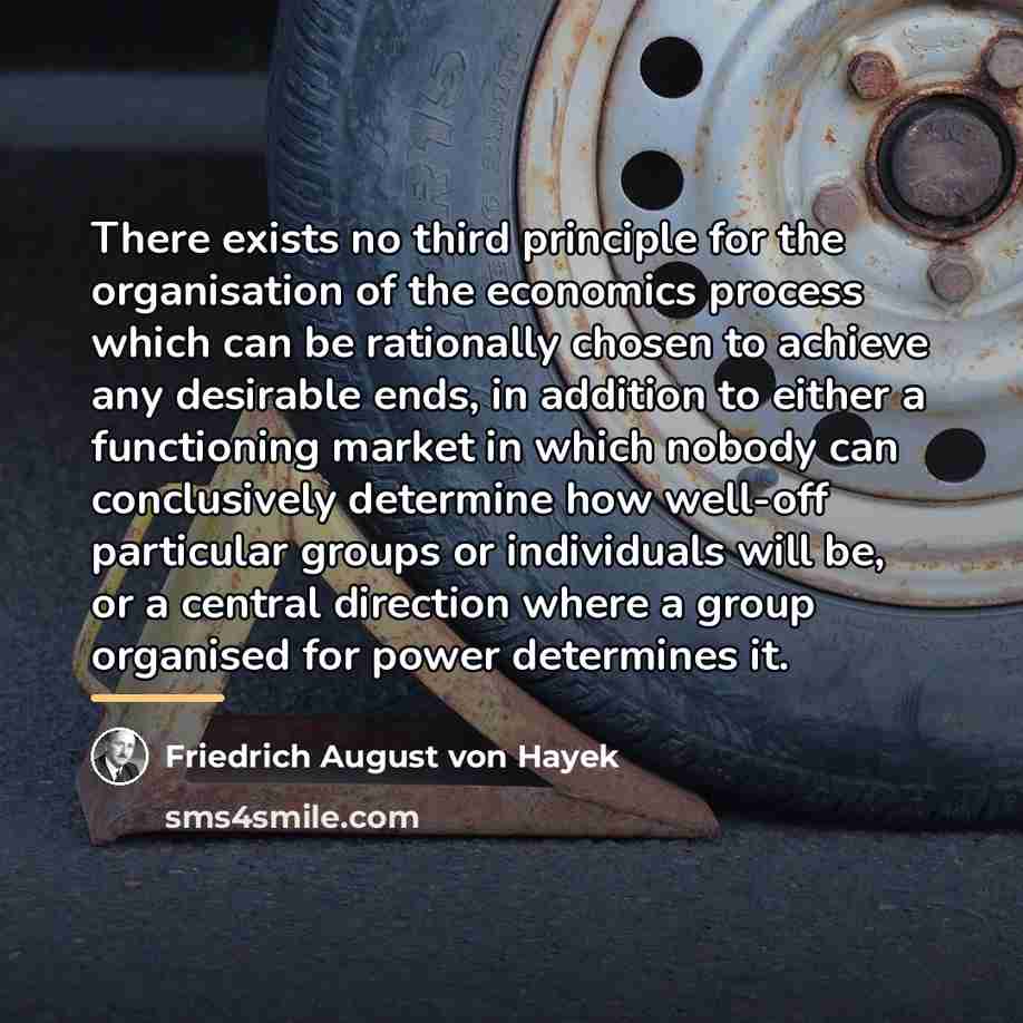 “There exists no third principle for the organisation of the…” quote by Friedrich August von Hayek