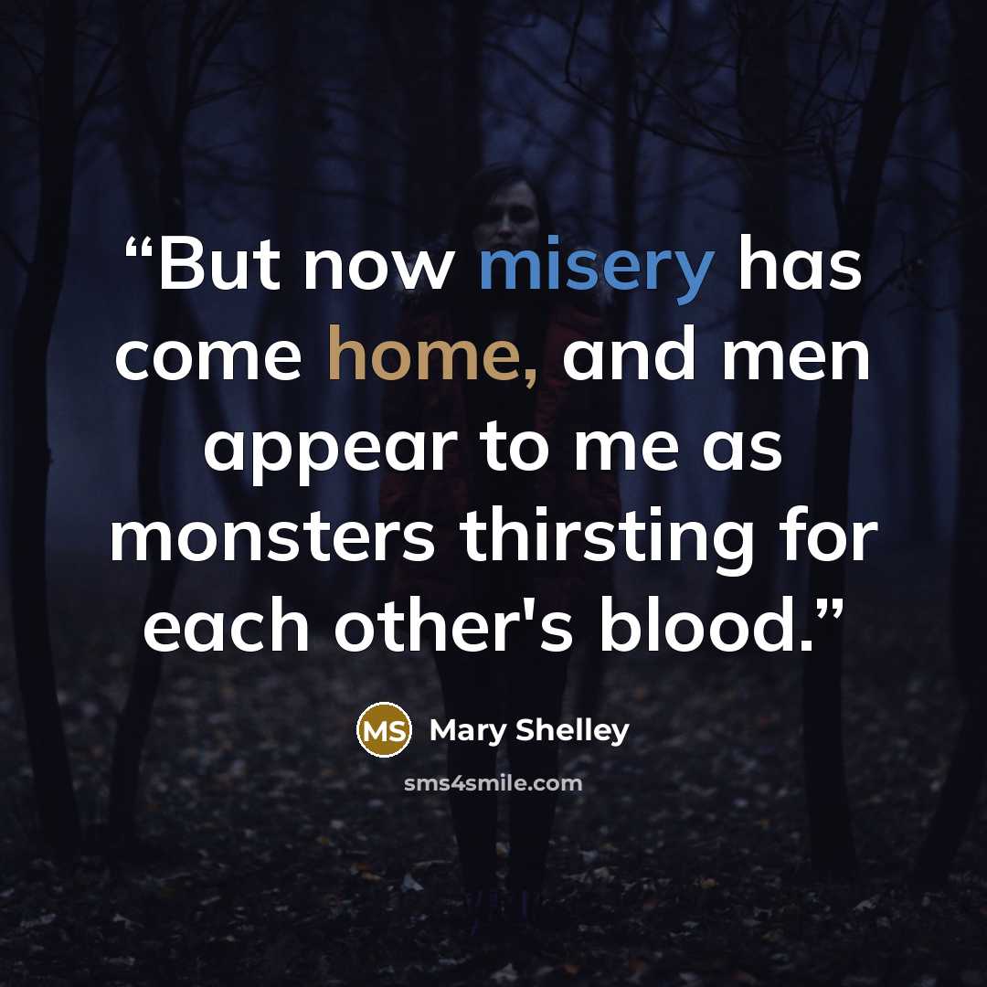 “But now misery has come home, and men appear to me as monsters thirsting for each other's blood.” quote by Mary Shelley