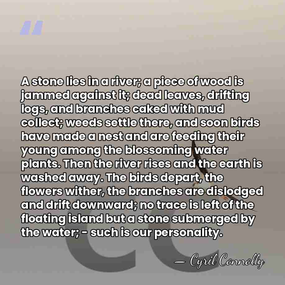 A stone lies in a river; a piece of wood is jammed&hellip; - Cyril Connolly