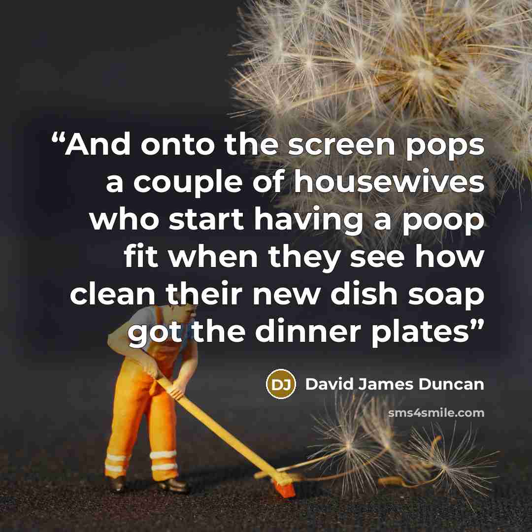 “And onto the screen pops a couple of housewives who start having a poop fit when they see how clean their new dish soap got the dinner plates” quote by david james duncan