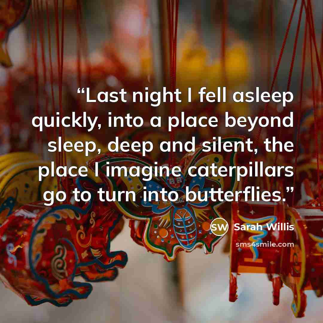 “Last night I fell asleep quickly, into a place beyond sleep, deep and silent, the place I imagine caterpillars go to turn into butterflies.” quote by Sarah Willis