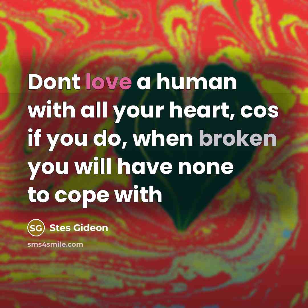 “Dont love a human with all your heart, cos if you do, when broken you will have none to cope with” quote by Stes Gideon