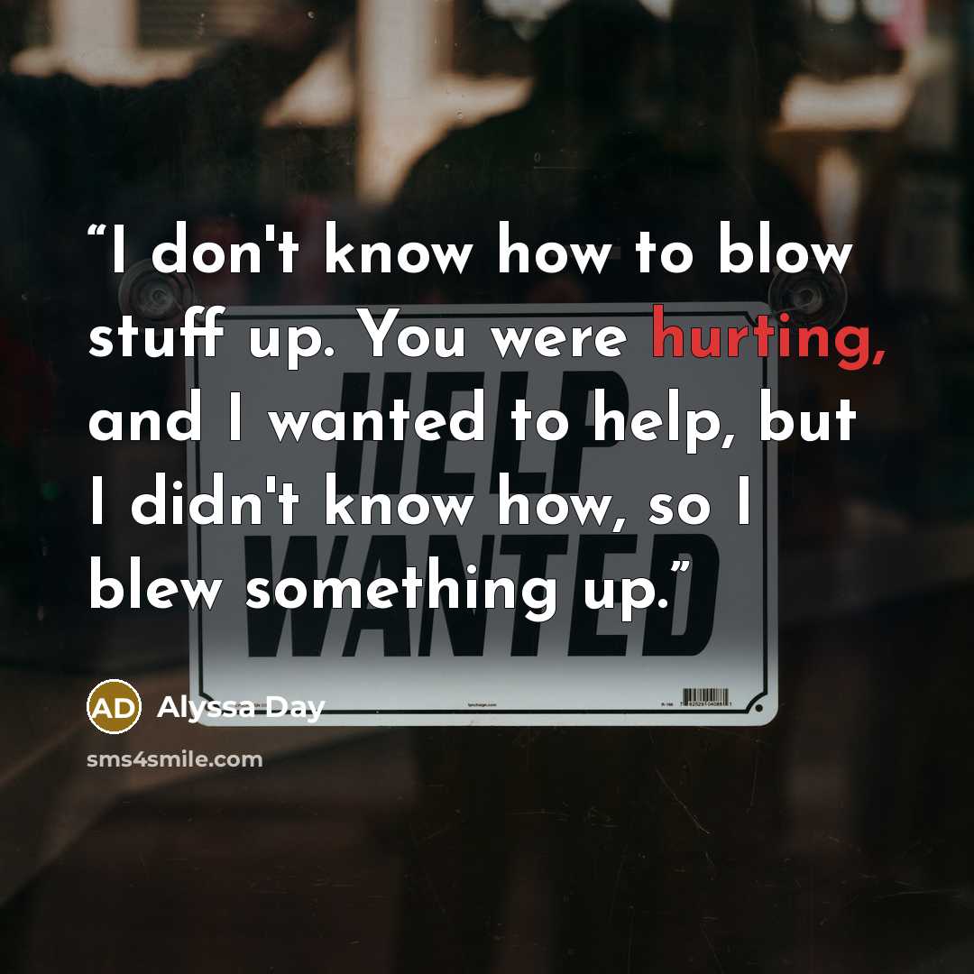 “I don't know how to blow stuff up. You were hurting, and I wanted to help, but I didn't know how, so I blew something up.” quote by Alyssa Day