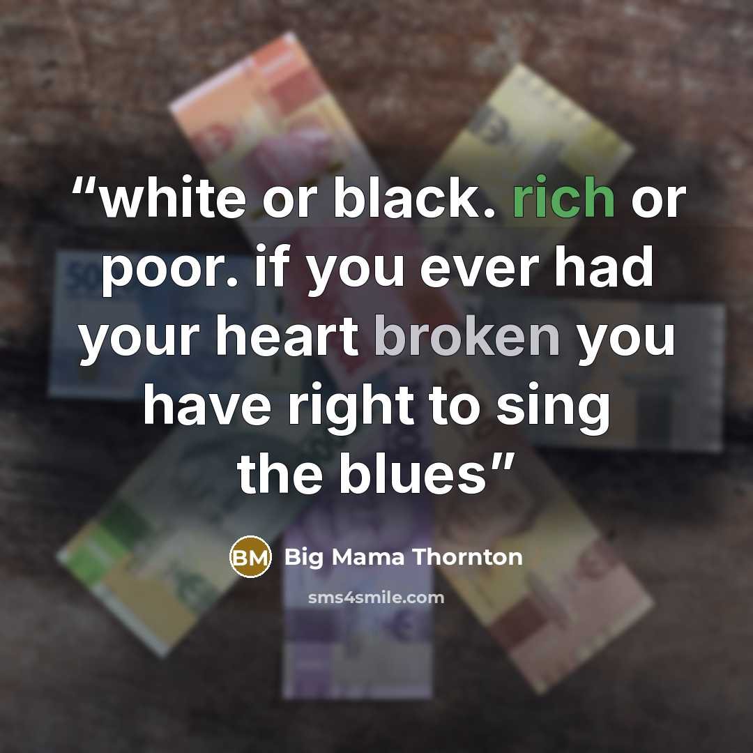 “white or black. rich or﻿ poor. if you ever had your heart broken you have right to sing the blues” quote by Big Mama Thornton