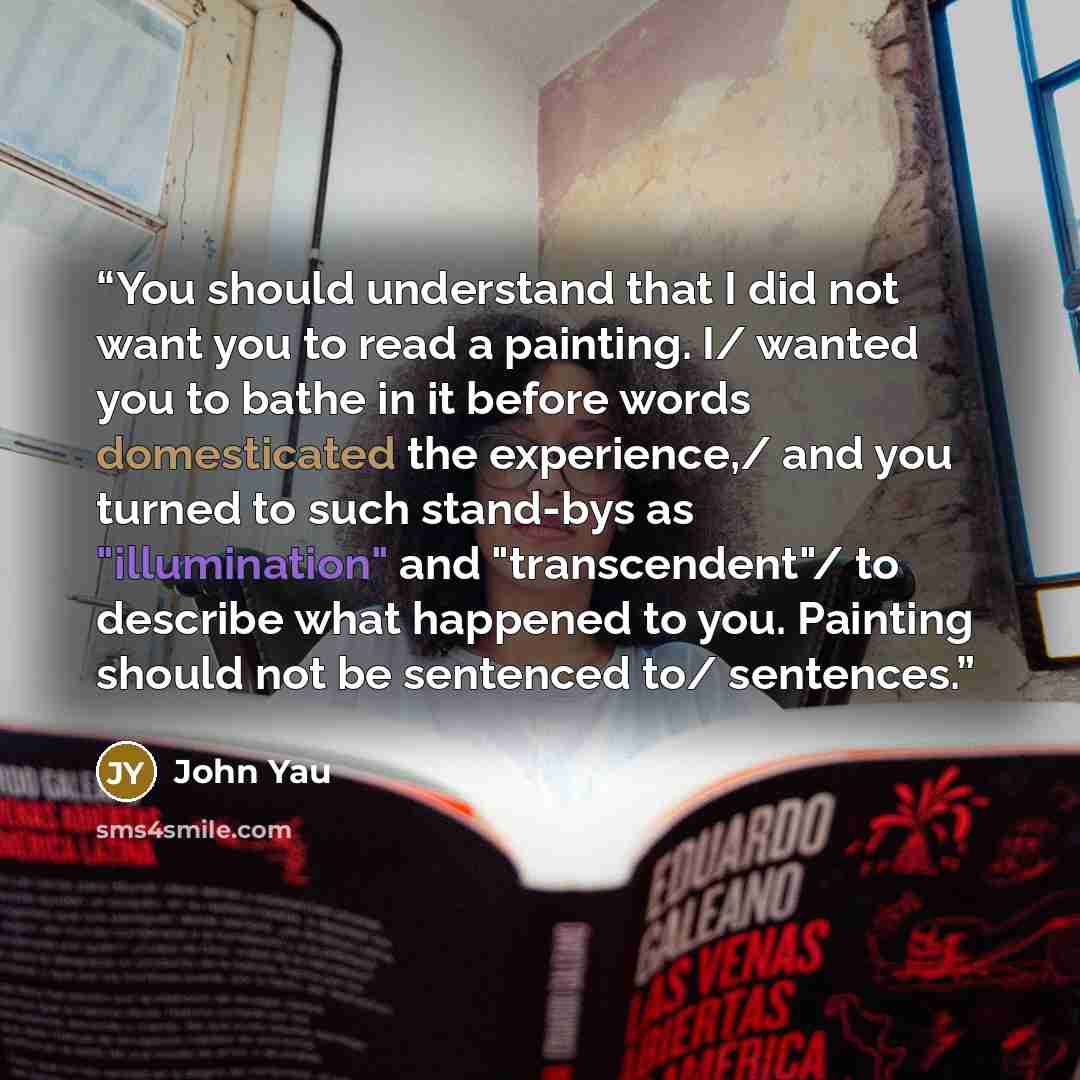 “You should understand that I did not want you to read a painting. I/ wanted you to bathe in it before words domesticated the experience,/ and you turned to such stand-bys as "illumination" and "transcendent"/ to describe what happened to you. Painting should not be sentenced to/ sentences.” quote by John Yau