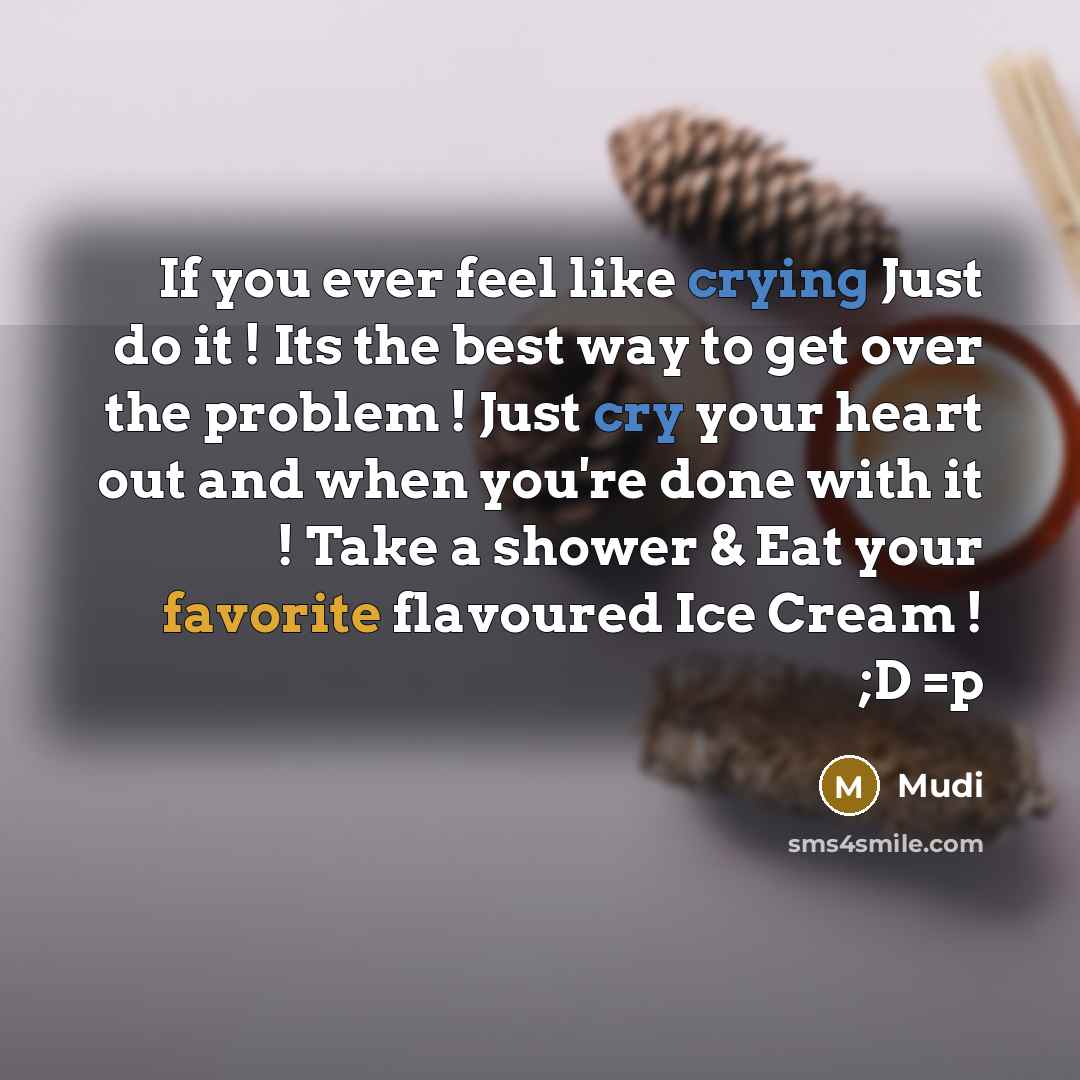 “If you ever feel like crying Just do it ! Its the best way to get over the problem ! Just cry your heart out and when you're done with it ! Take a shower & Eat your favorite flavoured Ice Cream ! ;D =p” quote by Mudi