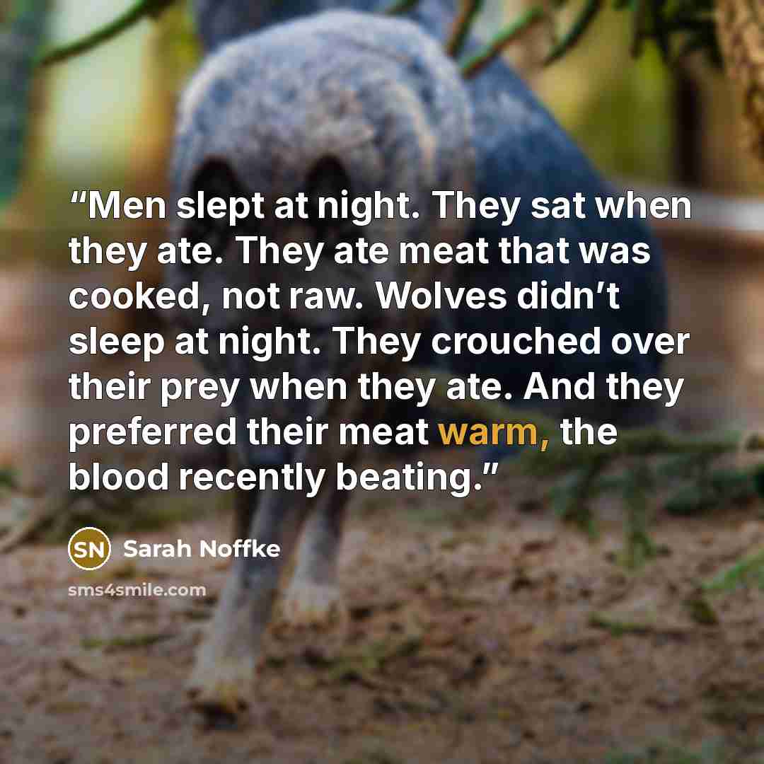 “Men slept at night. They sat when they ate. They ate meat that was cooked, not raw. Wolves didn’t sleep at night. They crouched over their prey when they ate. And they preferred their meat warm, the blood recently beating.” quote by Sarah Noffke