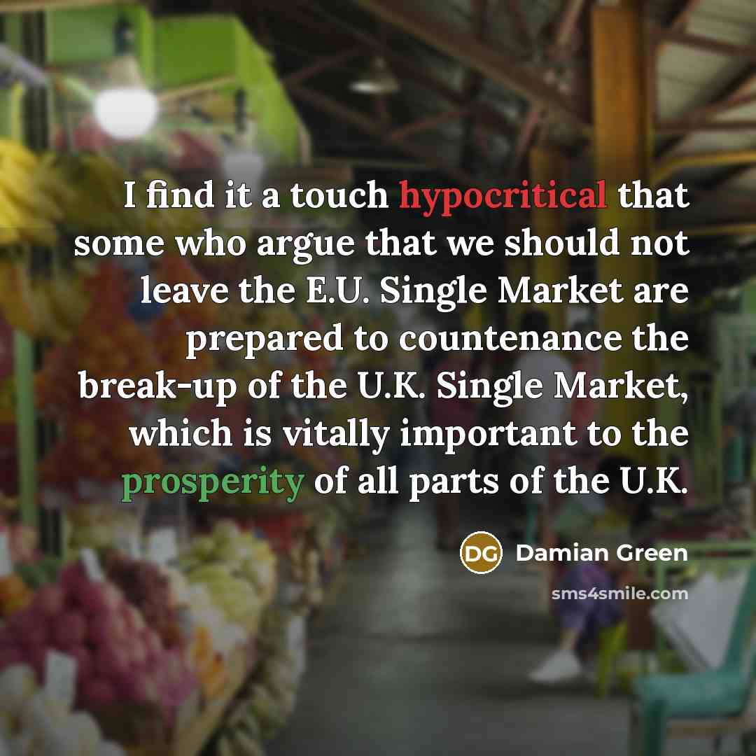 “I find it a touch hypocritical that some who argue that we should not leave the E.U. Single Market are prepared to countenance the break-up of the U.K. Single Market, which is vitally important to the prosperity of all parts of the U.K.” quote by Damian Green