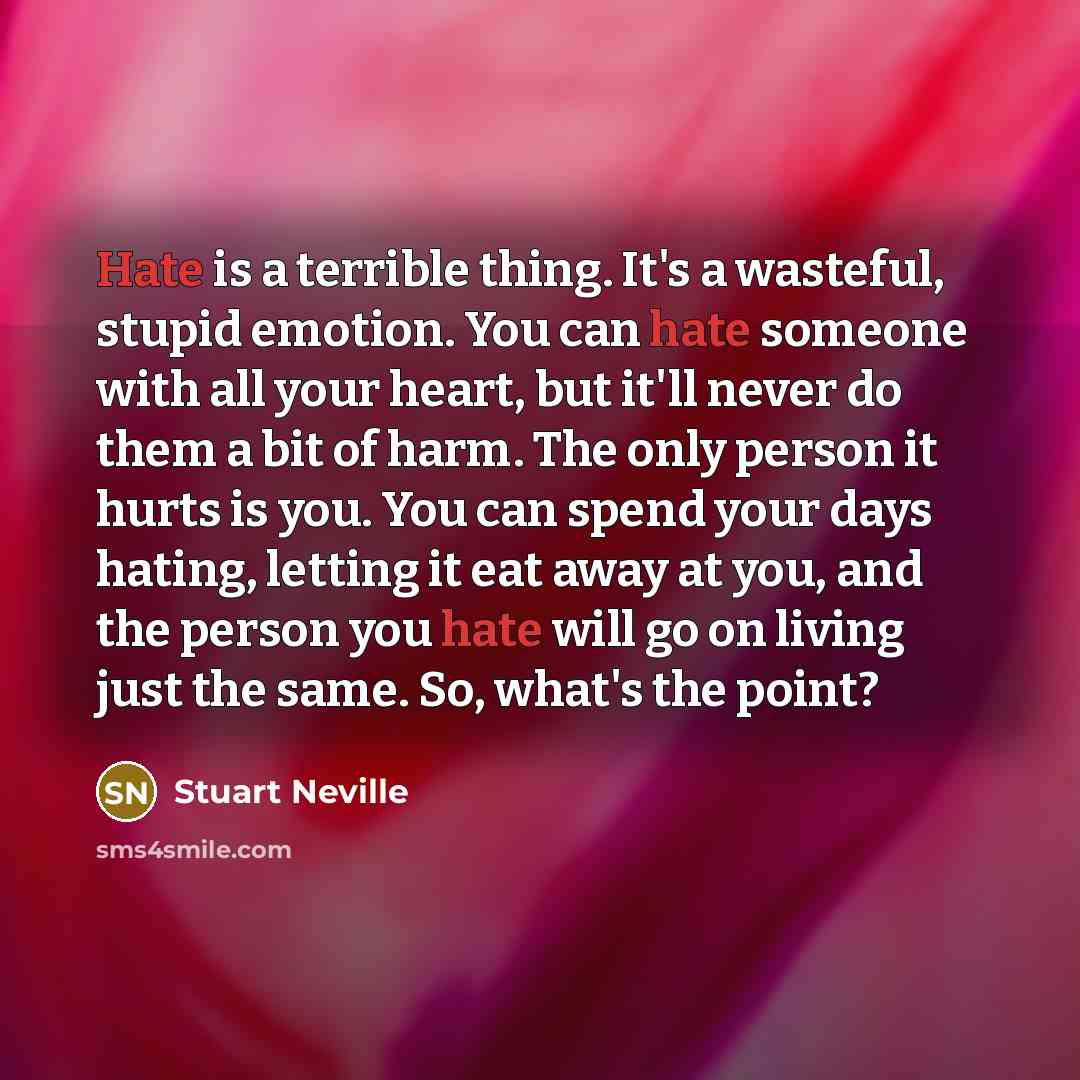 “Hate is a terrible thing. It's a wasteful, stupid emotion.…” quote by Stuart Neville
