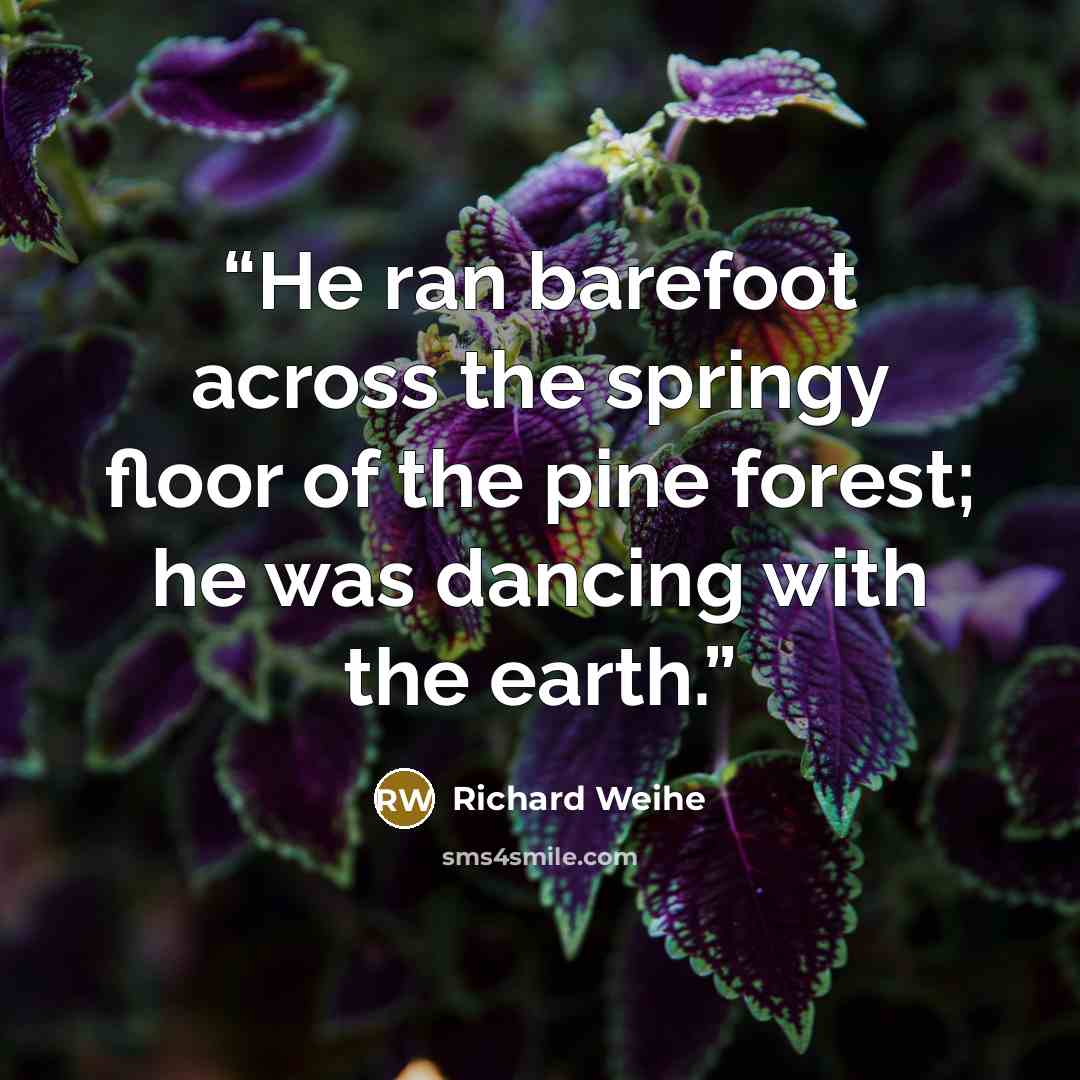 “He ran barefoot across the springy floor of the pine forest; he was dancing with the earth.” quote by Richard Weihe