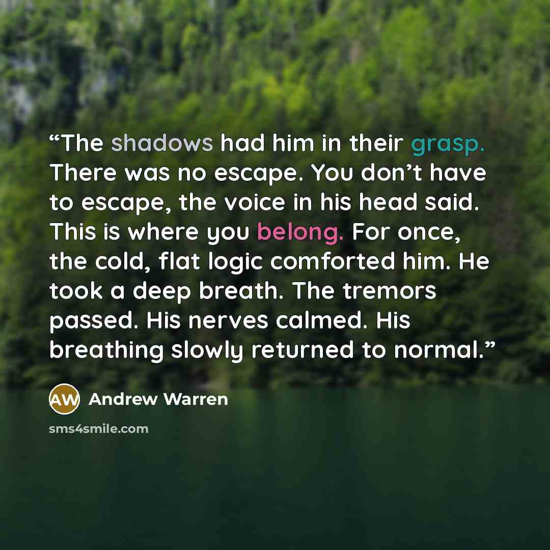 “The shadows had him in their grasp. There was no escape. You don’t have to escape, the voice in his head said. This is where you belong. For once, the cold, flat logic comforted him. He took a deep breath. The tremors passed. His nerves calmed. His breathing slowly returned to normal.” quote by Andrew Warren