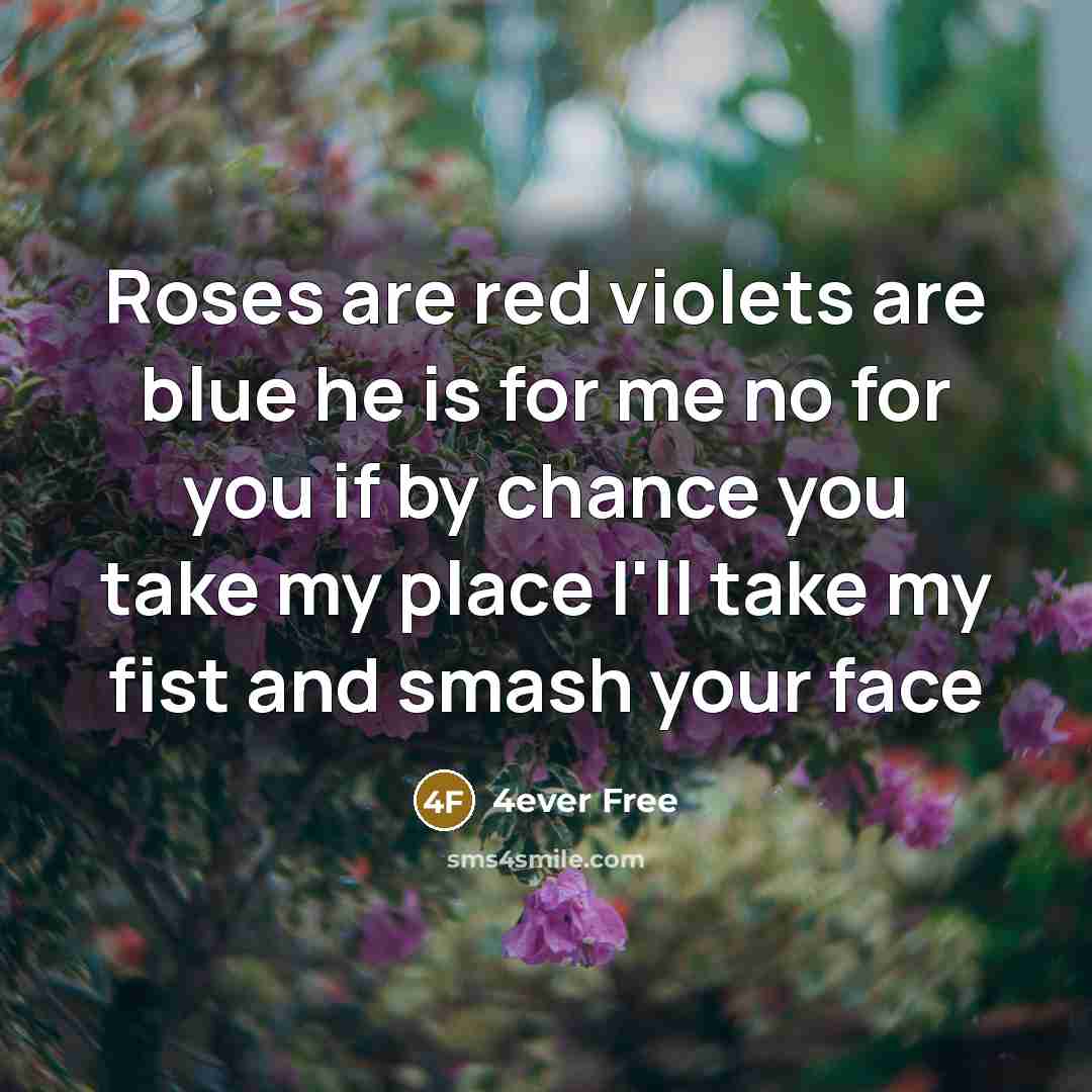 “Roses are red violets are blue he is for me no for you if by chance you take my place I'll take my fist and smash your face” quote by 4ever Free