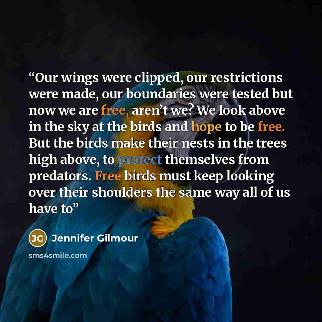 “Our wings were clipped, our restrictions were made, our boundaries were tested but now we are free, aren’t we? We look above in the sky at the birds and hope to be free. But the birds make their nests in the trees high above, to protect themselves from predators. Free birds must keep looking over…” quote by Jennifer Gilmour