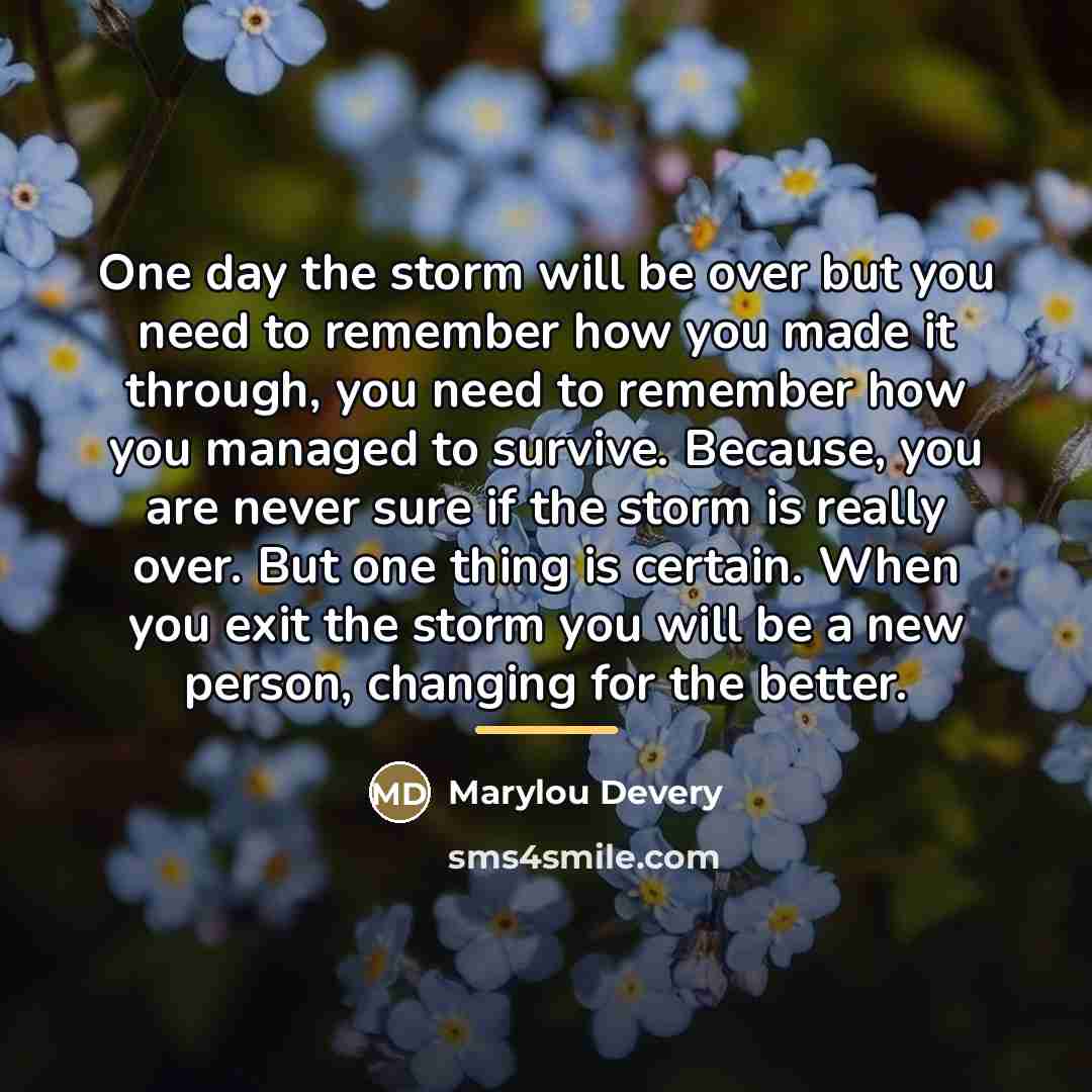 “One day the storm will be over but you need…” quote by Marylou Devery