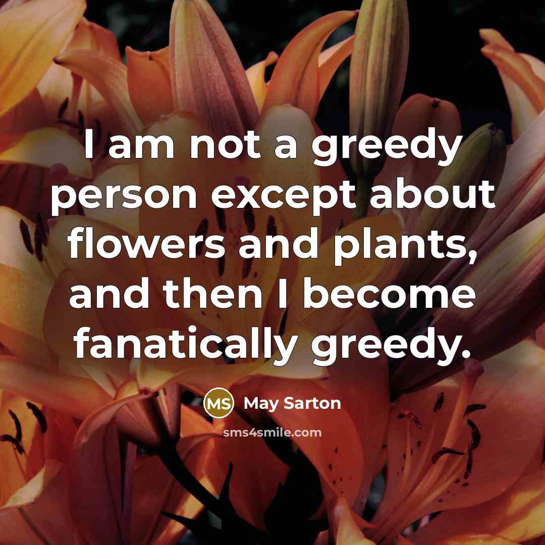 “I am not a greedy person except about flowers and…” quote by May Sarton