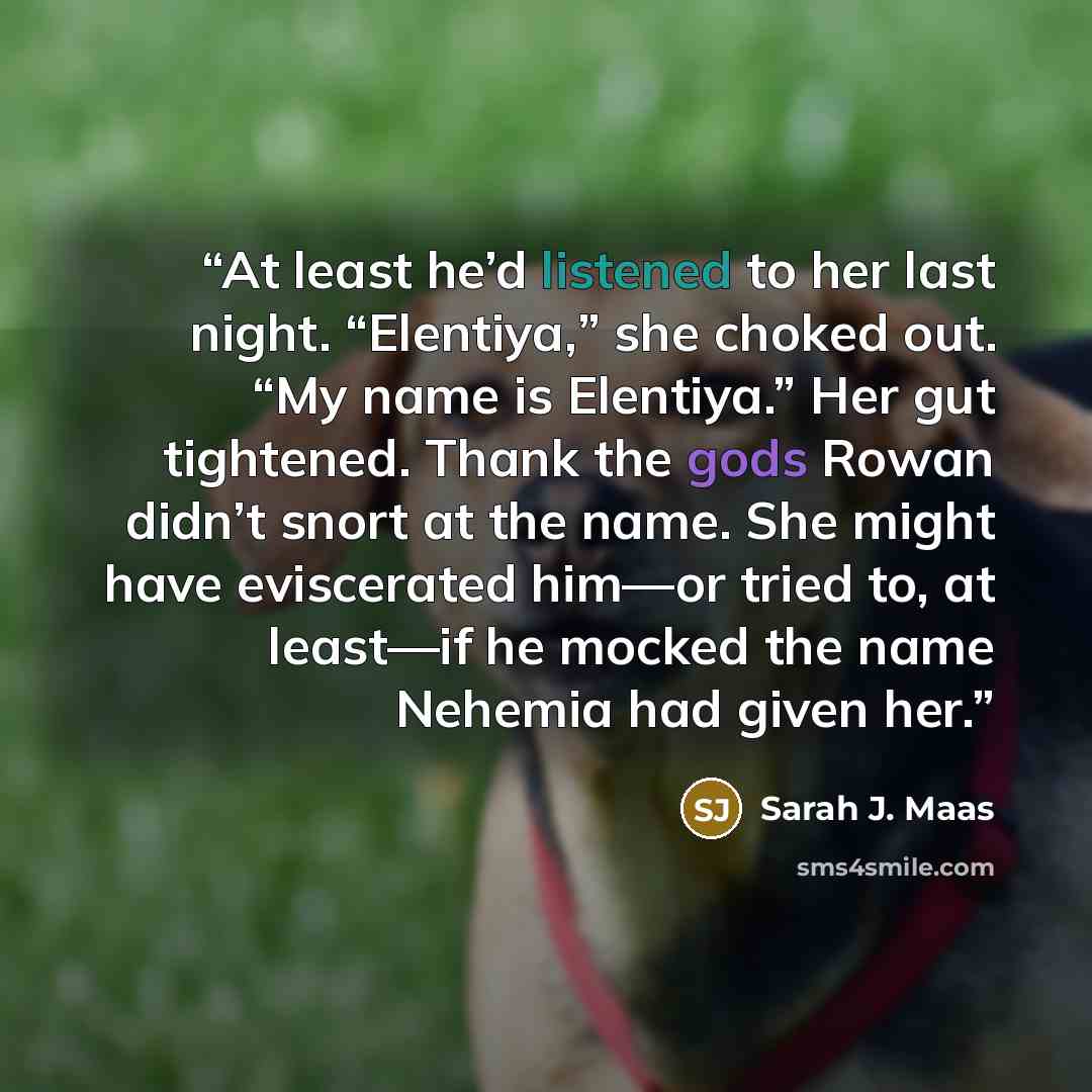 “At least he’d listened to her last night. “Elentiya,” she choked out. “My name is Elentiya.” Her gut tightened. Thank the gods Rowan didn’t snort at the name. She might have eviscerated him—or tried to, at least—if he mocked the name Nehemia had given her.” quote by Sarah J. Maas