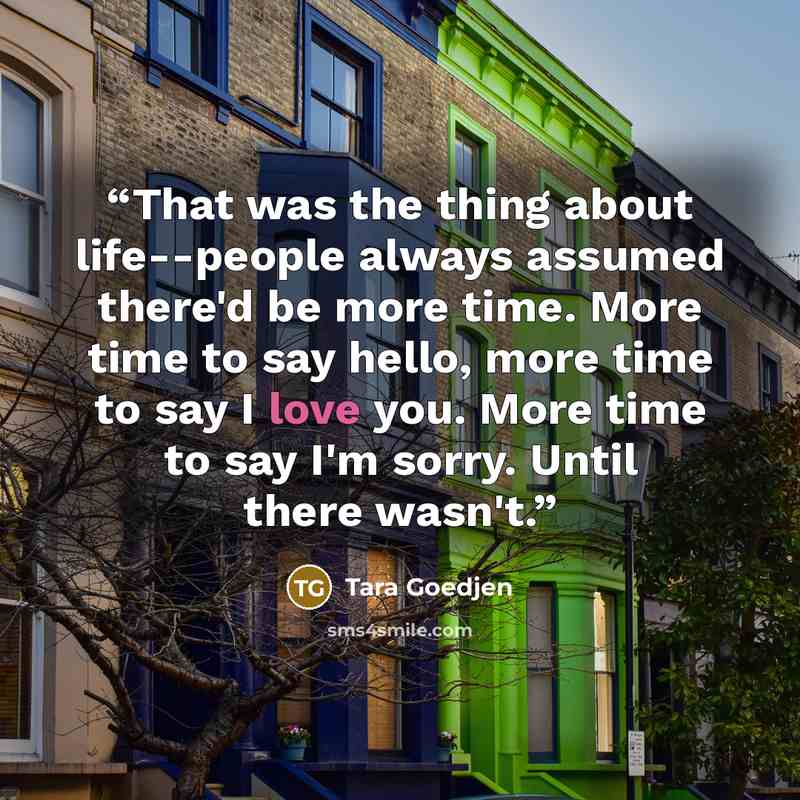 “That was the thing about life--people always assumed there'd be more time. More time to say hello, more time to say I love you. More time to say I'm sorry. Until there wasn't.” quote by Tara Goedjen
