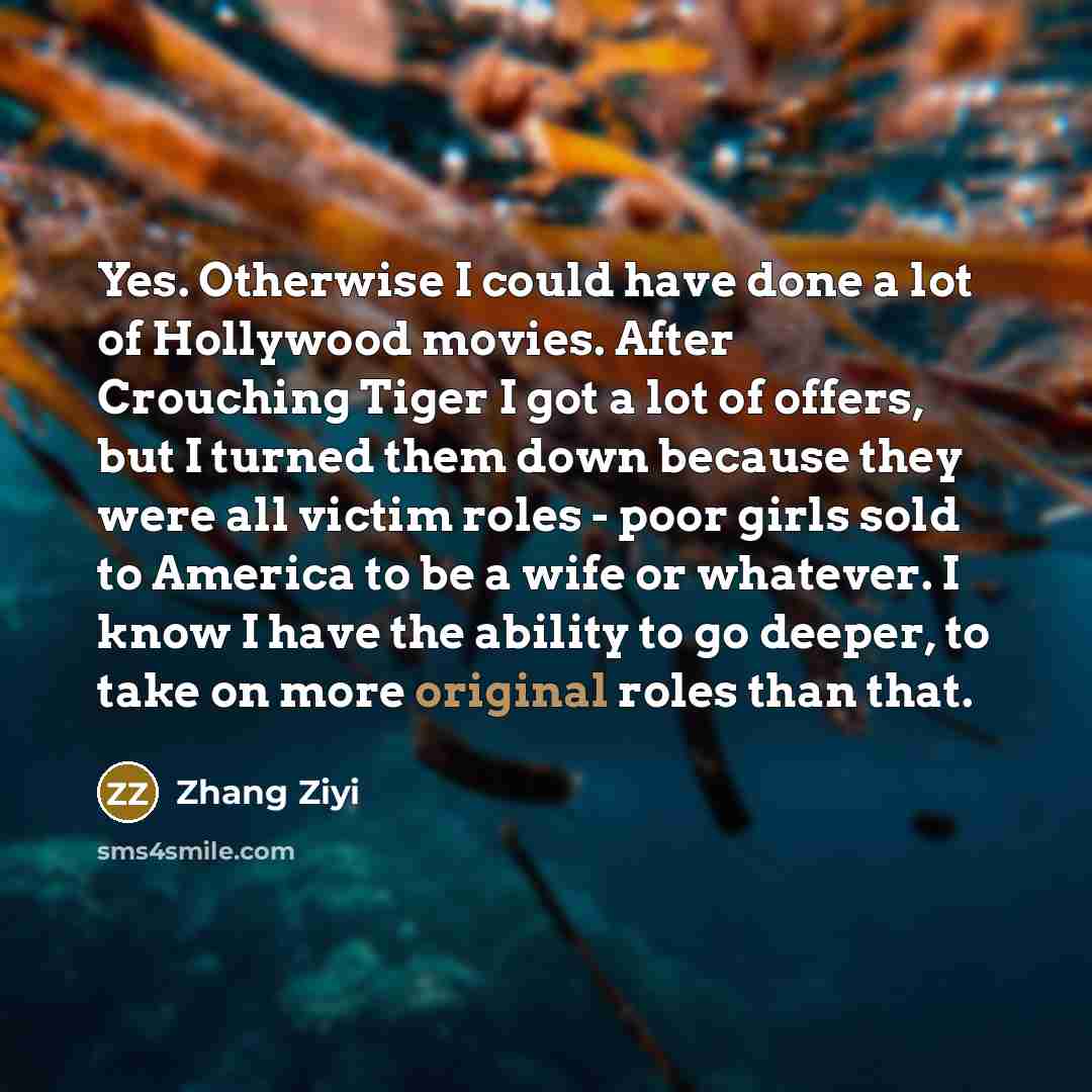 “Yes. Otherwise I could have done a lot of Hollywood…” quote by Zhang Ziyi