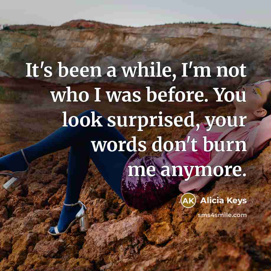 “It's been a while, I'm not who I was before. You look surprised, your words don't burn me anymore.” quote by Alicia Keys