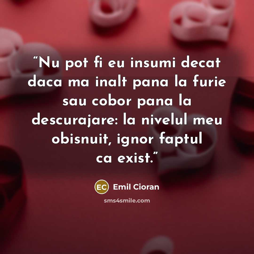 “Nu pot fi eu insumi decat daca ma inalt pana la furie sau cobor pana la descurajare: la nivelul meu obisnuit, ignor faptul ca exist.” quote by Emil Cioran