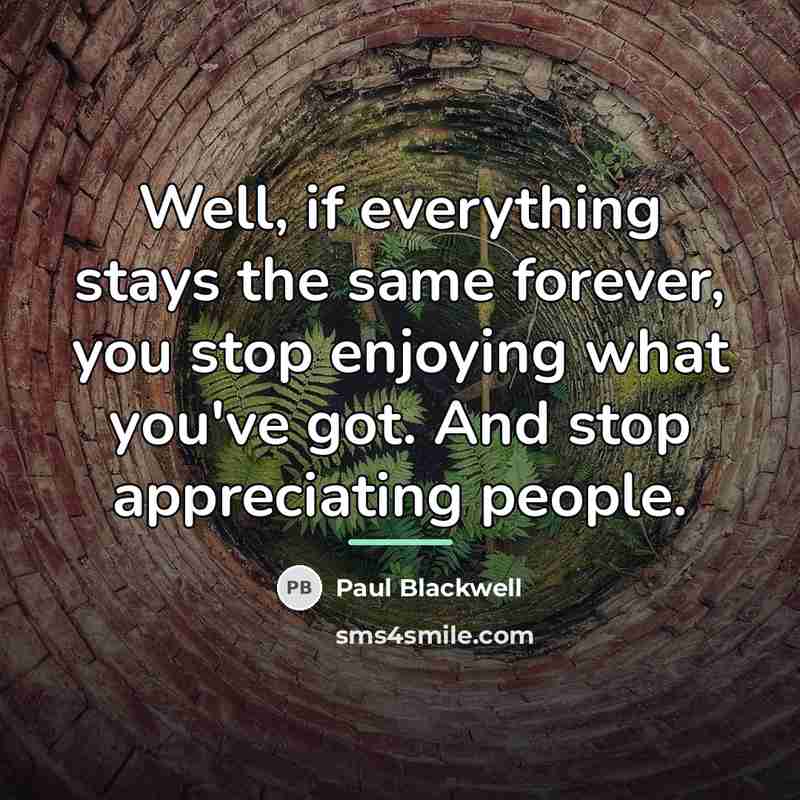 “Well, if everything stays the same forever, you stop enjoying…” quote by Paul Blackwell