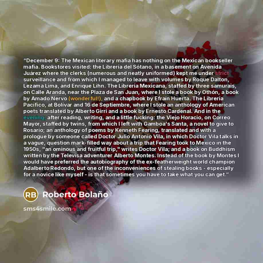 “December 9: The Mexican literary mafia has nothing on the Mexican bookseller mafia. Bookstores visited: the Librería del Sótano, in a basement on Avenida Juárez where the clerks (numerous and neatly uniformed) kept me under strict surveillance and from which I managed to leave with volumes by…” quote by Roberto Bolaño