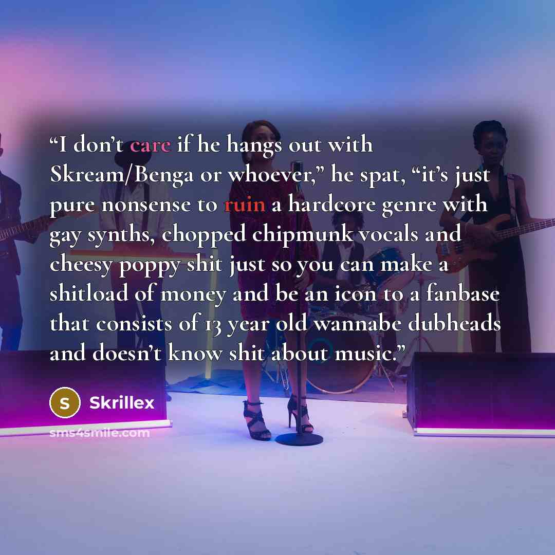 “I don’t care if he hangs out with Skream/Benga or whoever,” he spat, “it’s just pure nonsense to ruin a hardcore genre with gay synths, chopped chipmunk vocals and cheesy poppy shit just so you can make a shitload of money and be an icon to a fanbase that consists of 13 year old wannabe dubheads…” quote by Skrillex
