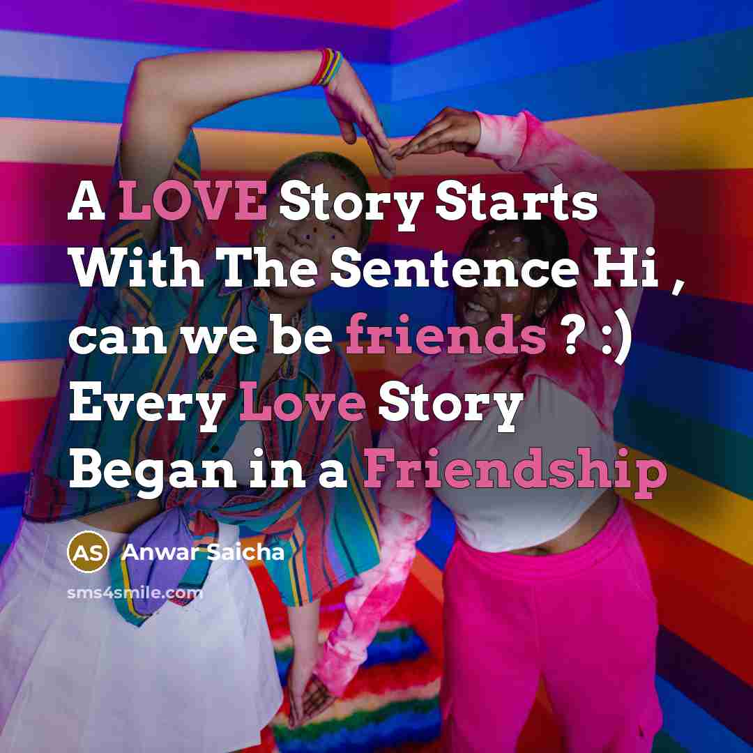 “A LOVE Story Starts With The Sentence Hi , can we be friends ? :) Every Love Story Began in a Friendship” quote by Anwar Saicha