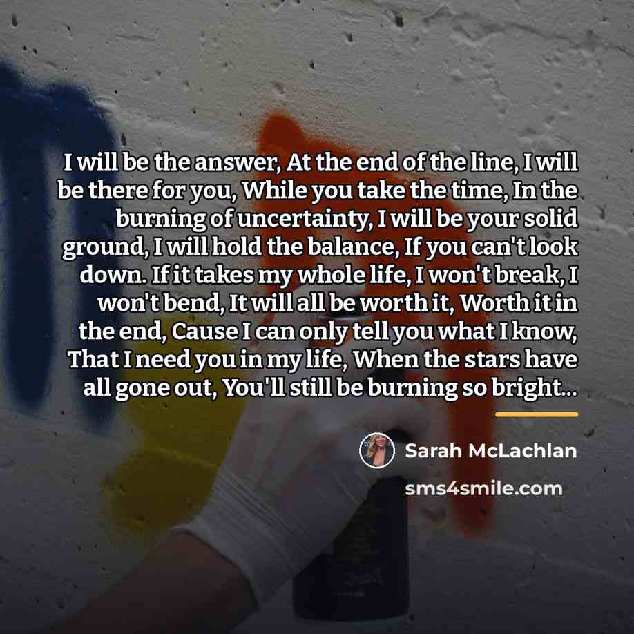 “I will be the answer, At the end of the…” quote by Sarah McLachlan