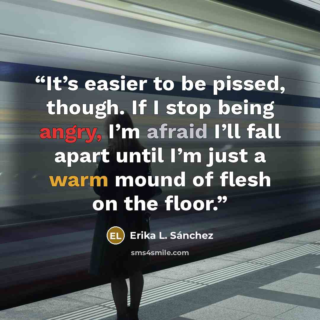 “It’s easier to be pissed, though. If I stop being angry, I’m afraid I’ll fall apart until I’m just a warm mound of flesh on the floor.” quote by Erika L. Sánchez