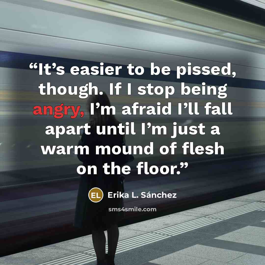 “It’s easier to be pissed, though. If I stop being angry, I’m afraid I’ll fall apart until I’m just a warm mound of flesh on the floor.” quote by Erika L. Sánchez