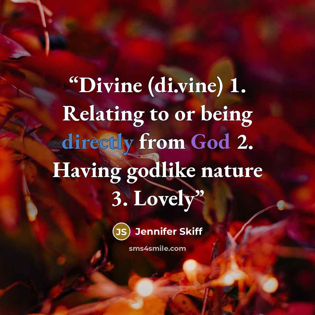“Divine (di.vine) 1. Relating to or being directly from God 2. Having godlike nature 3. Lovely” quote by Jennifer Skiff