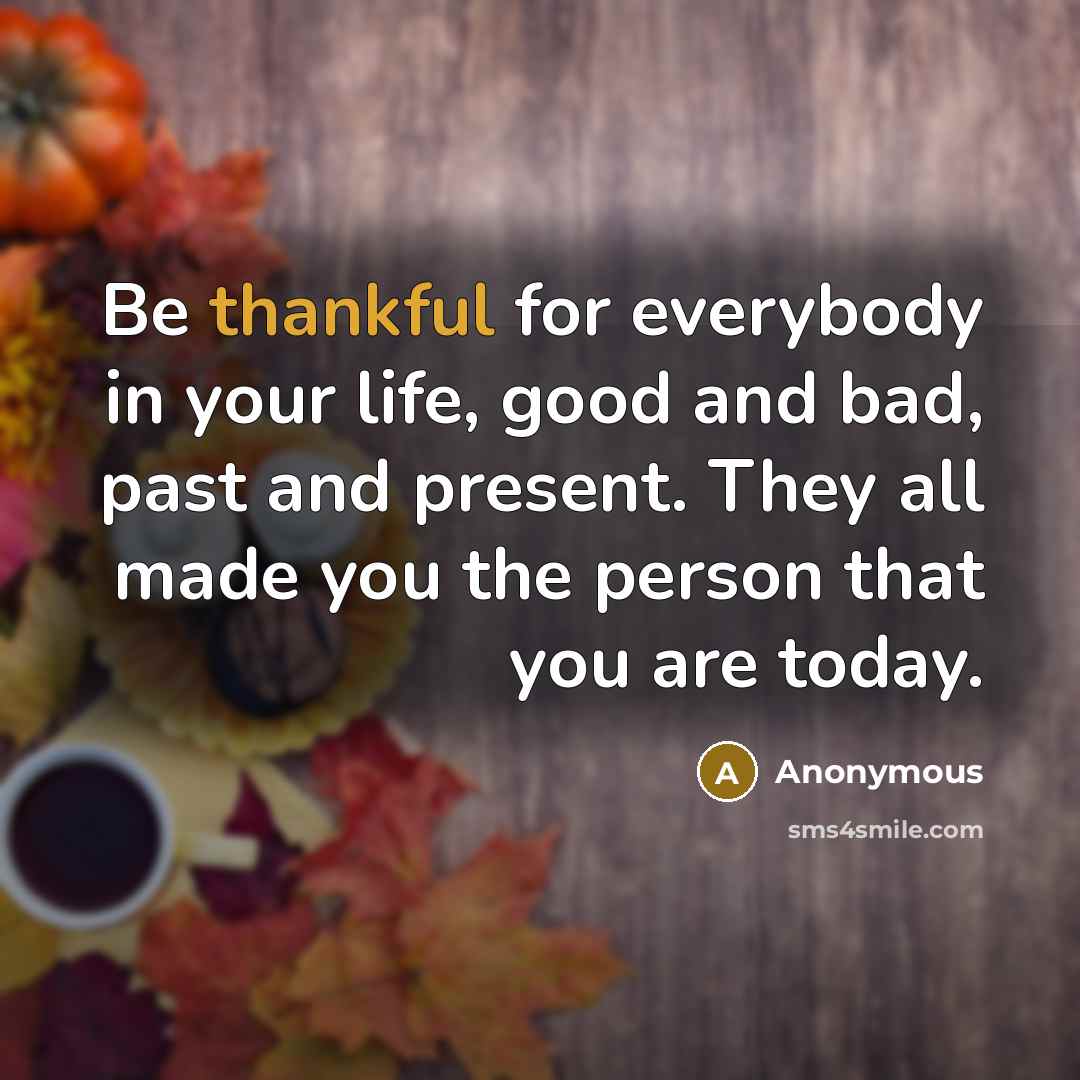 “Be thankful for everybody in your life, good and bad, past and present. They all made you the person that you are today.” quote by Anonymous