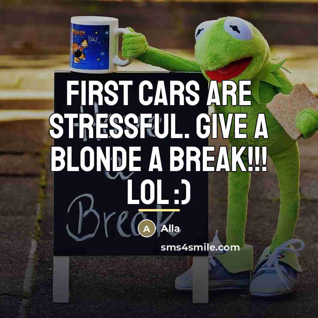“First cars are stressful. GIVE A BLONDE A BREAK!!! lol…” quote by Alla