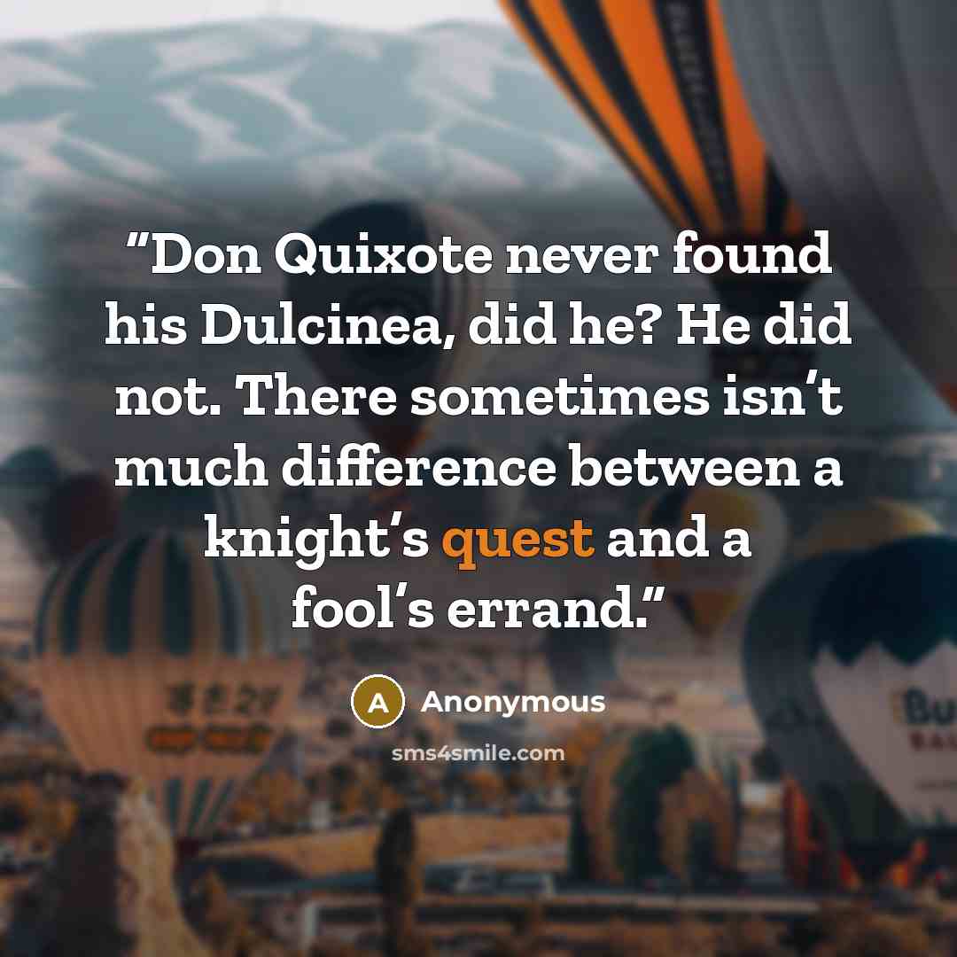 “Don Quixote never found his Dulcinea, did he? He did not. There sometimes isn’t much difference between a knight’s quest and a fool’s errand.” quote by Anonymous