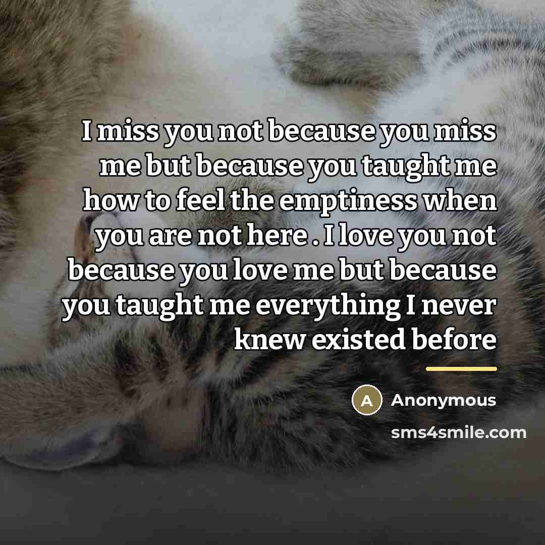“I miss you not because you miss me but because you taught me how to feel the emptiness when you are not here . I love you not because you love me but because you taught me everything I never knew existed before” quote by Anonymous