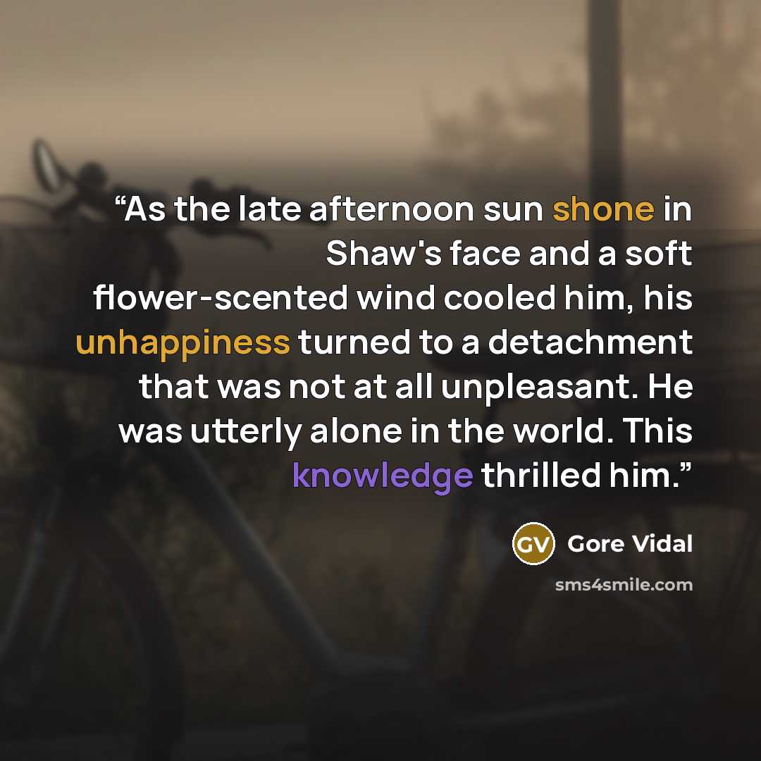 “As the late afternoon sun shone in Shaw's face and a soft flower-scented wind cooled him, his unhappiness turned to a detachment that was not at all unpleasant. He was utterly alone in the world. This knowledge thrilled him.” quote by Gore Vidal