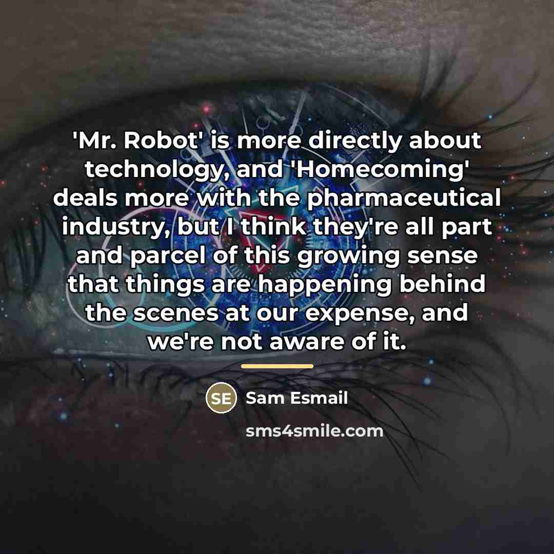 “'Mr. Robot' is more directly about technology, and 'Homecoming' deals…” quote by Sam Esmail