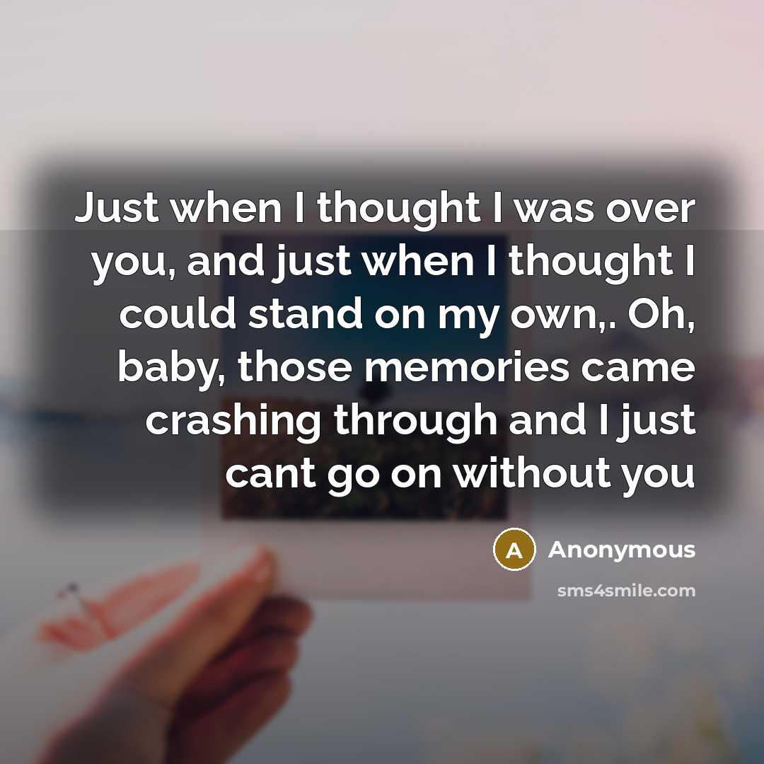 “Just when I thought I was over you, and just when I thought I could stand on my own,. Oh, baby, those memories came crashing through and I just cant go on without you” quote by Anonymous