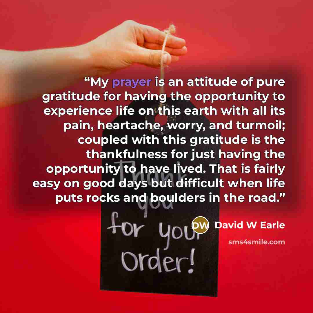“My prayer is an attitude of pure gratitude for having the opportunity to experience life on this earth with all its pain, heartache, worry, and turmoil; coupled with this gratitude is the thankfulness for just having the opportunity to have lived. That is fairly easy on good days but difficult…” quote by David W Earle