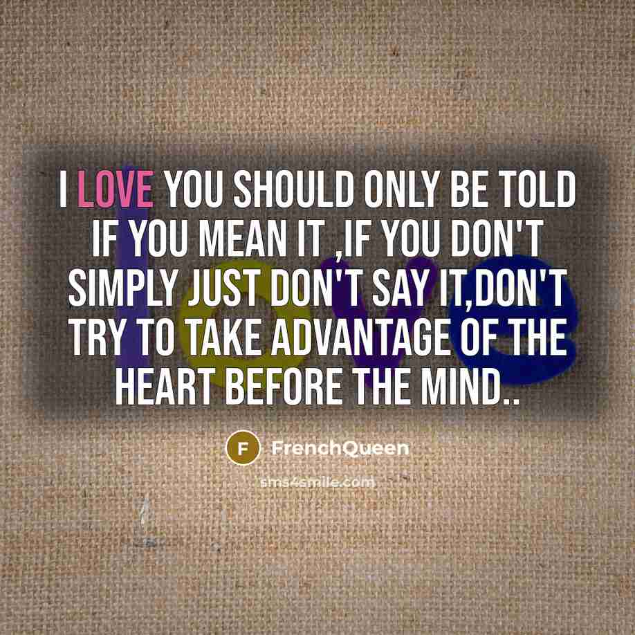 “I love you should only be told if you mean it ,if you don't simply just don't say it,don't try to take advantage of the heart before the mind..” quote by Frenchqueen
