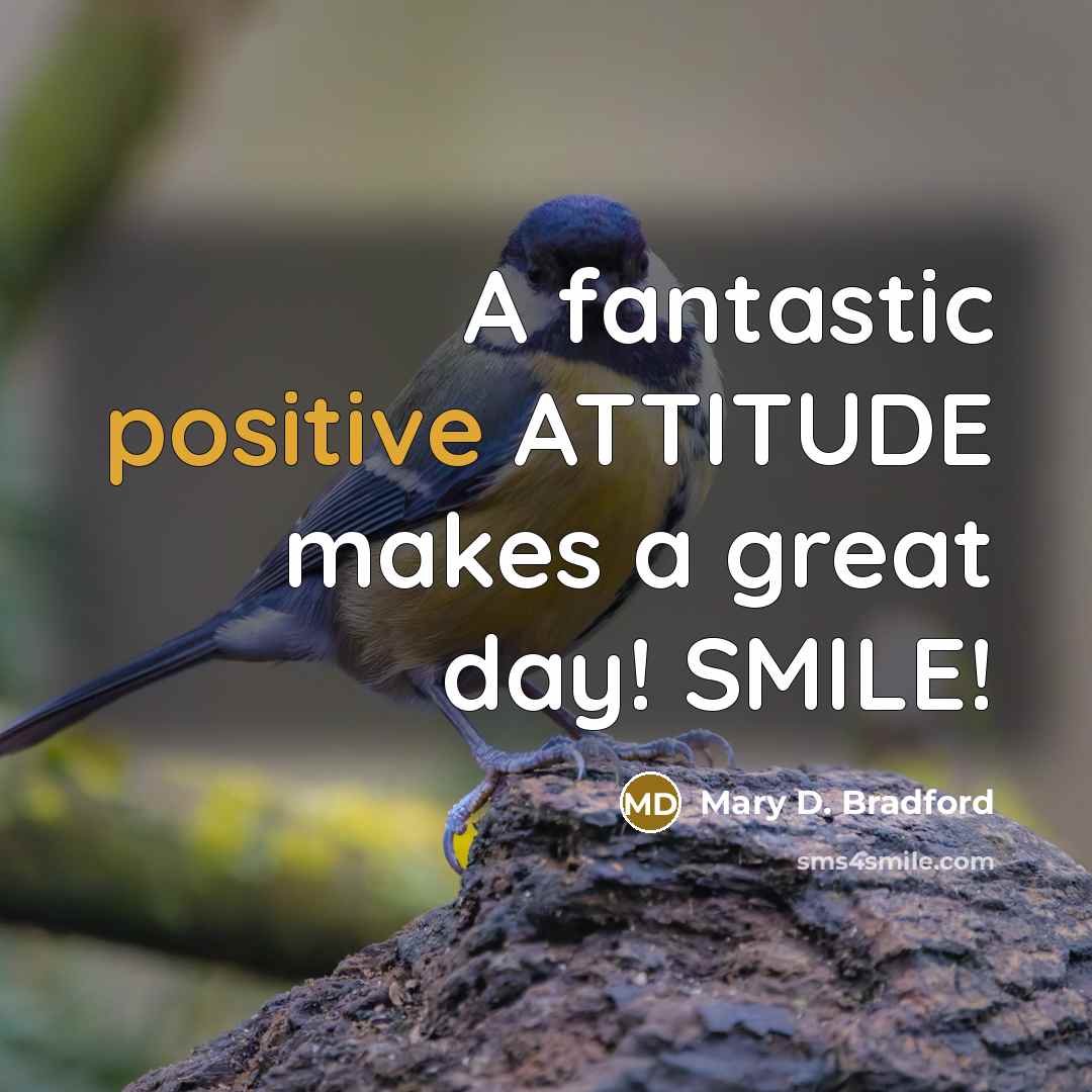 “A fantastic positive ATTITUDE makes a great day! SMILE!” quote by Mary D. Bradford