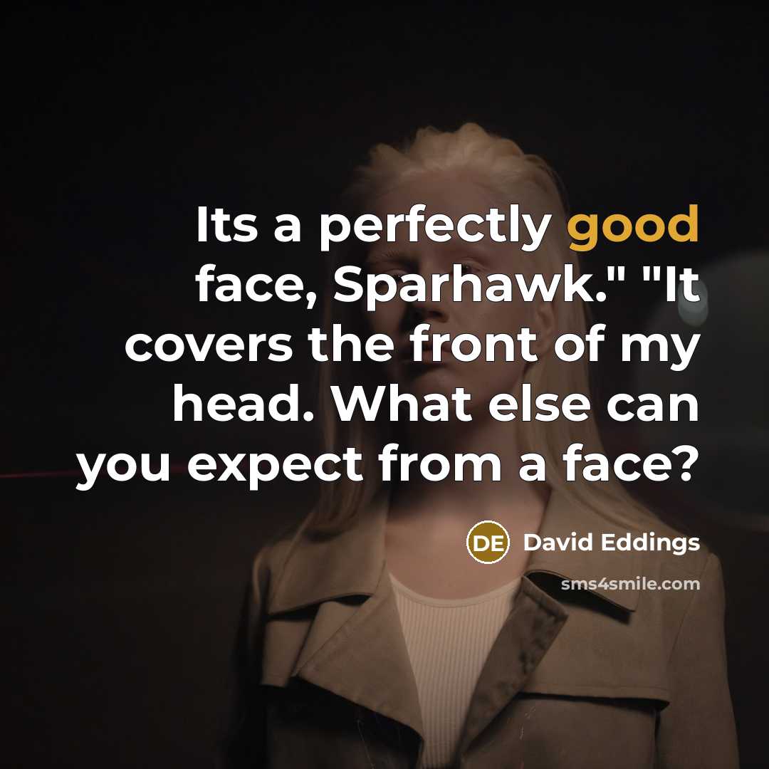 “Its a perfectly good face, Sparhawk." "It covers the front of my head. What else can you expect from a face?” quote by David Eddings
