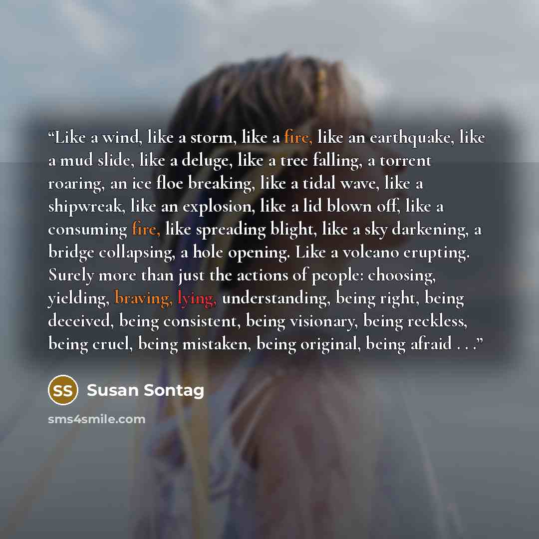 “Like a wind, like a storm, like a fire, like an earthquake, like a mud slide, like a deluge, like a tree falling, a torrent roaring, an ice floe breaking, like a tidal wave, like a shipwreak, like an explosion, like a lid blown off, like a consuming fire, like spreading blight, like a sky…” quote by Susan Sontag