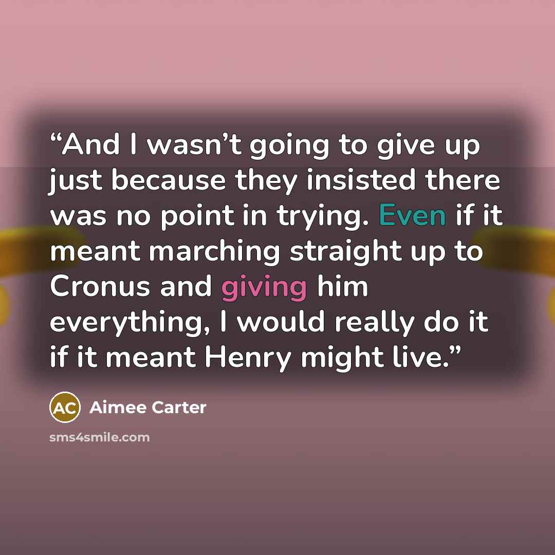 “And I wasn’t going to give up just because they insisted there was no point in trying. Even if it meant marching straight up to Cronus and giving him everything, I would really do it if it meant Henry might live.” quote by Aimee Carter