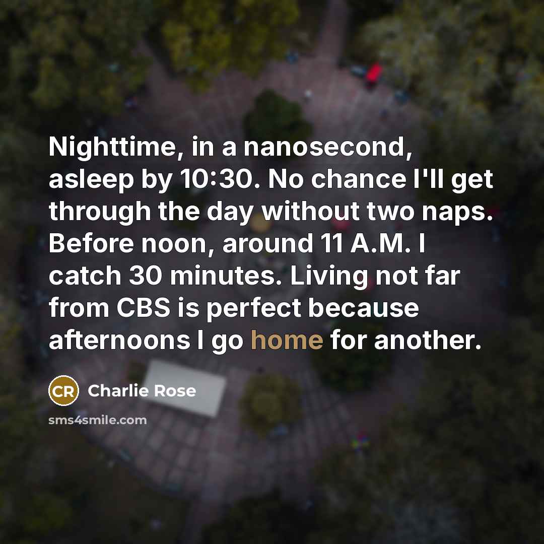 “Nighttime, in a nanosecond, asleep by 10:30. No chance I'll…” quote by Charlie Rose
