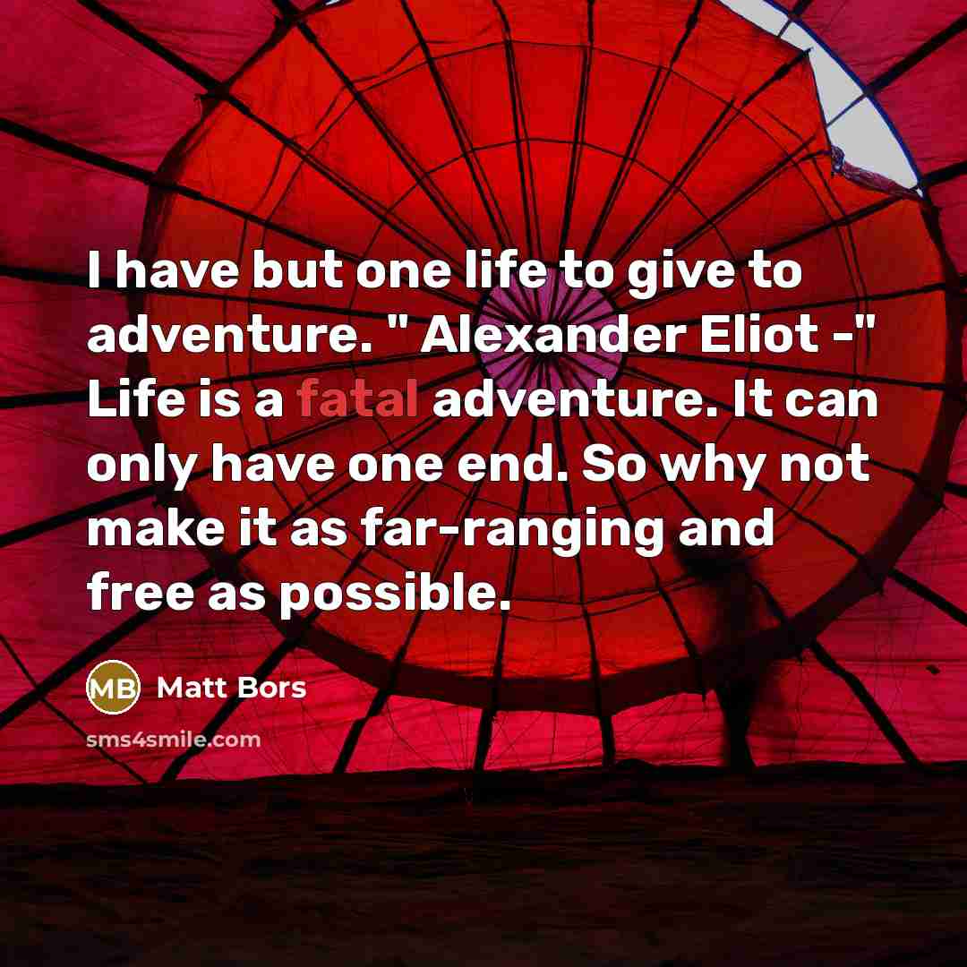 “I have but one life to give to adventure. " Alexander Eliot -" Life is a fatal adventure. It can only have one end. So why not make it as far-ranging and free as possible.” quote by Matt Bors