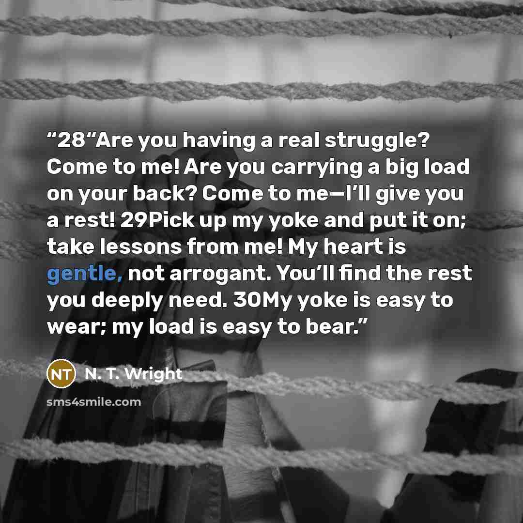 “28“Are you having a real struggle? Come to me! Are you carrying a big load on your back? Come to me—I’ll give you a rest! 29Pick up my yoke and put it on; take lessons from me! My heart is gentle, not arrogant. You’ll find the rest you deeply need. 30My yoke is easy to wear; my load is easy to bear.” quote by N. T. Wright