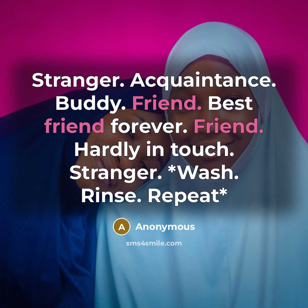 “Stranger. Acquaintance. Buddy. Friend. Best friend forever. Friend. Hardly in…” quote by Anonymous