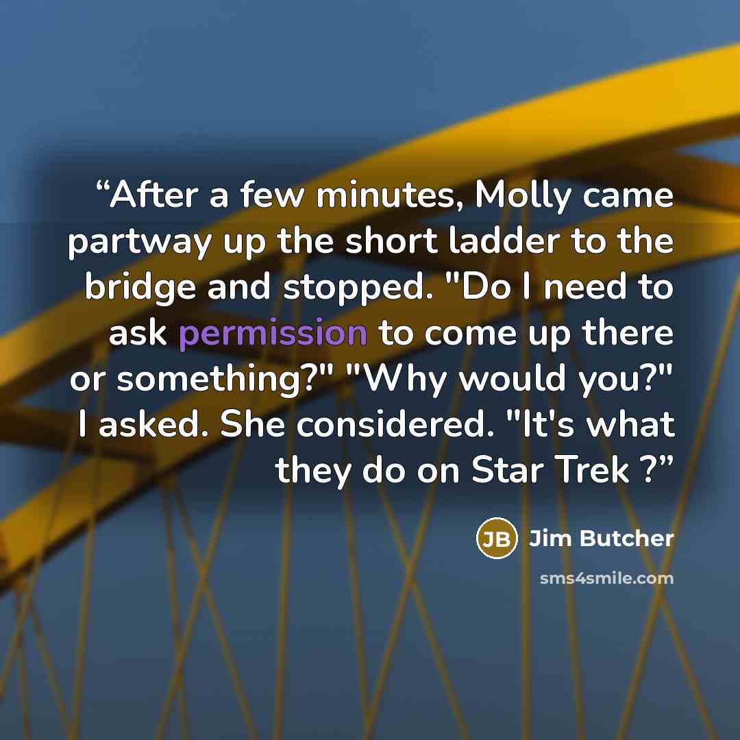 “After a few minutes, Molly came partway up the short ladder to the bridge and stopped. "Do I need to ask permission to come up there or something?" "Why would you?" I asked. She considered. "It's what they do on Star Trek ?” quote by Jim Butcher
